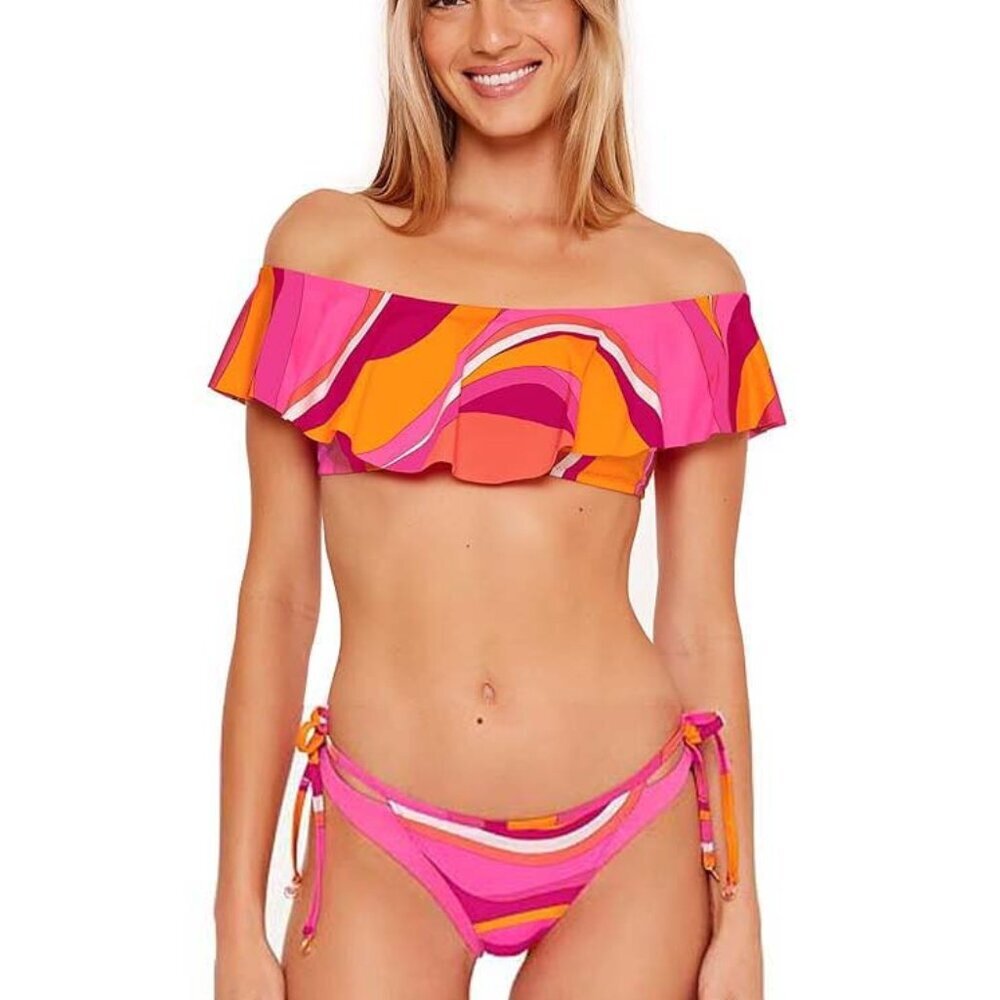 NWT Trina Turk Vivid Vista Ruffled Shoulder Top & Side Tie Bikini Bottom Set